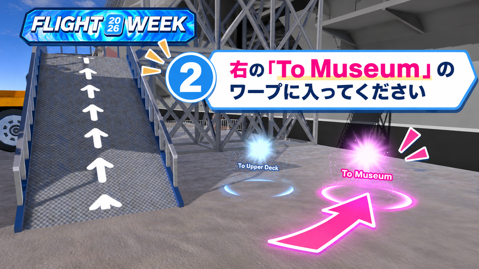 「2 右の『To Museum』のワープに入ってください」と書かれた案内画像。右側のワープ地点が強調されている。